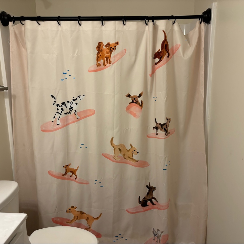 URBAN OUTFITTERS- Sabina Fenn Illustration Dogs Surfing Shower Curtain - Picture 4 of 12